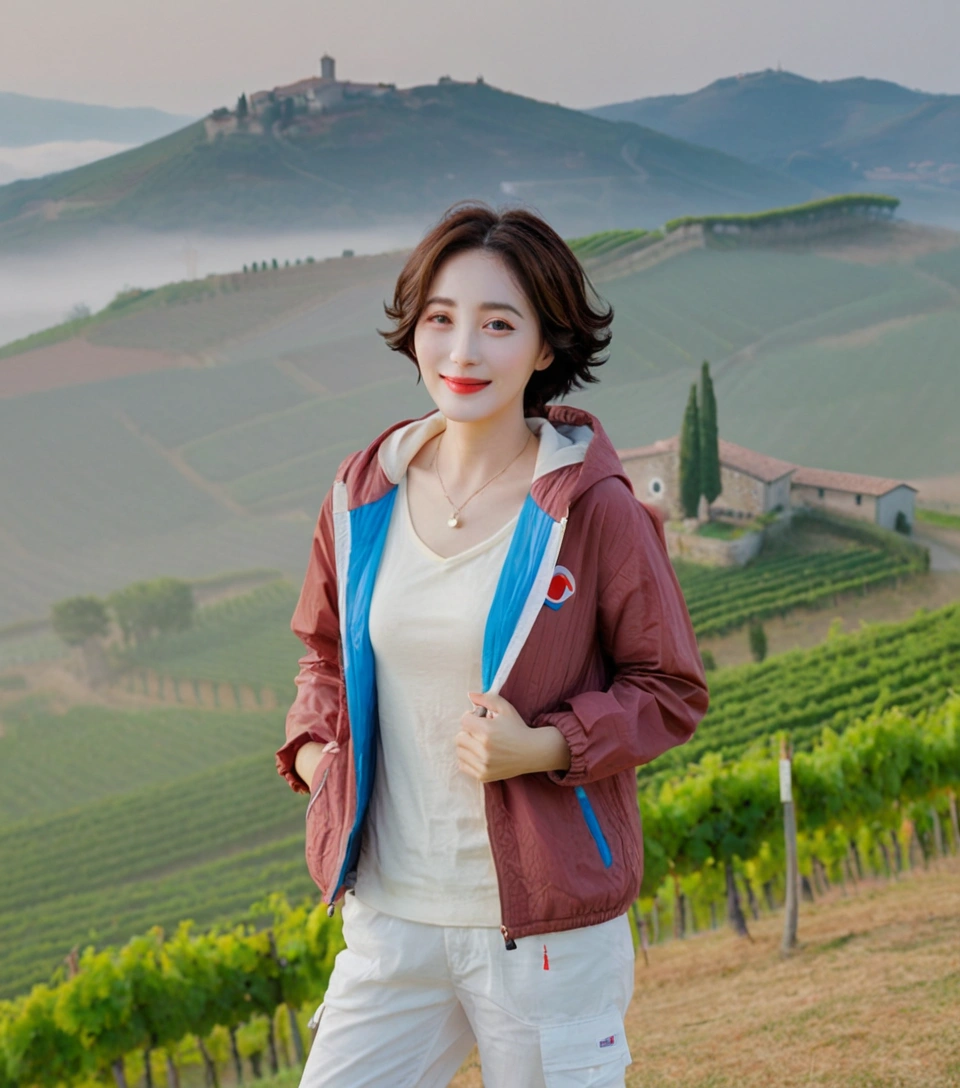 8k best picture quality, Beautiful 36-year-old Korean woman, You have good skin and big and pretty eyes.. Chest size 34 inches, italian countryside, past the vineyard, The cathedral can be seen in the distance in thick fog.., The back background is realistic and vivid quality., Short and medium hair blowing in the wind, Wearing a luxury windbreaker over a t-shirt. beige casual pants, I'm smiling. Standing on a hill overlooking a misty vineyard. the background is clear, Short and slim Korean woman, stand far away, Photo taken with a wide-angle lens, One woman with big and pretty eyes, eyes are round and big