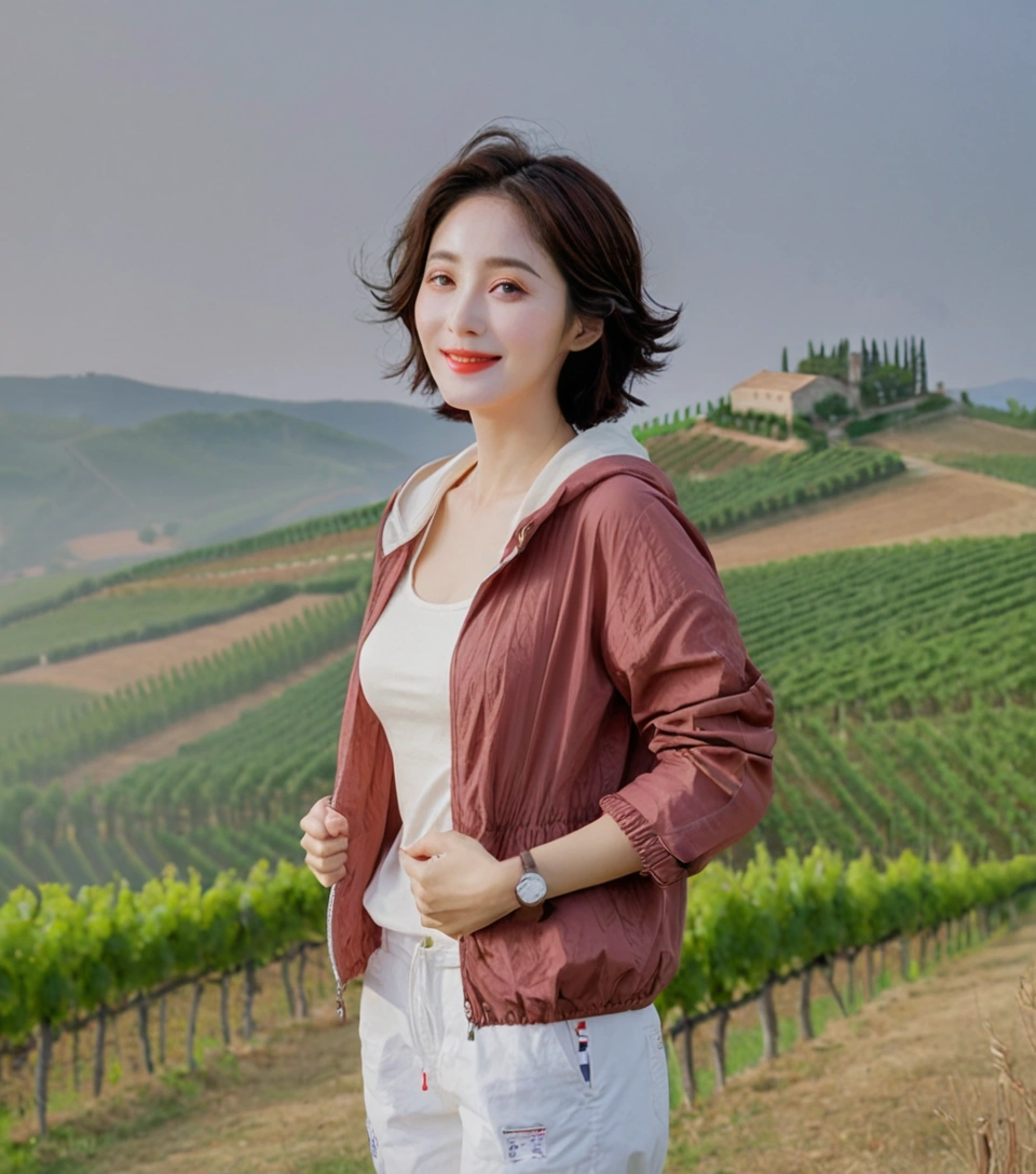 8k best picture quality, Beautiful 36-year-old Korean woman, You have good skin and big and pretty eyes.. Chest size 34 inches, italian countryside, past the vineyard, The cathedral can be seen in the distance in thick fog.., The back background is realistic and vivid quality., Short and medium hair blowing in the wind, Wearing a luxury windbreaker over a t-shirt. beige casual pants, I'm smiling. Standing on a hill overlooking a misty vineyard. the background is clear, Short and slim Korean woman, stand far away, Photo taken with a wide-angle lens, One woman with big and pretty eyes, eyes are round and big