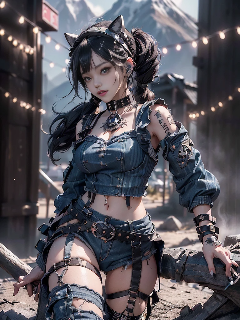 (Full Body View:1.3)、(Beautiful lips and nose:1.4)、(Long eyelashes:1.4)、(Side view:1.1)、(Smiling with teeth showing:1.3),(Shibuya Gal:1.5)、(Gothic Lolita delicately decorated dress:1.5)、(Tattered denim and black punk rock cargo pants:1.5)、(Denim and black skull mark small jacket:1.4)、(denim garter belt:1.5)、(Black and denim knee socks:1.3)、(Skull Silver Accessories:1.5)、(Denim collar:1.3)、(Brown Skin Belt:1.4)、(Brown boots:1.2)、(The underwear is striped:1.4)、31 years old、((Highest quality、In 8K、masterpiece:1.3))、Sharp focus:1.2、(Layered Cut、Huge boobs:1.1),Beautiful woman with perfect figure:1.4、(Dancing vigorously:1.3)、Slender Abs:1.2、Highly detailed face and skin texture、Detailed eyes、double eyelid,(Twin tails:1.3)、(Brown-golden hair:1.3)、Gravure idol、(The background is a vast, beautiful white ancient ruins:1.3)、(Slim body:1.2),(Make your legs thinner:1.4),(clavicle:1.1)