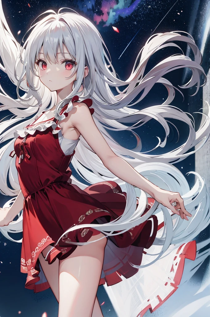 (masterpiece:1.3), (best quality:1.2), (8k, ultra detailed, ultra high res:1.3), anime style, perfect 5 fingers, perfect anatomy, 
1girl, small breasts, long hair, wavy hair, white hair, BREAK red eyes, (sundress:1.5), (white dress:1.1), looking at viewer, shoot from front, 
BREAK cowboy shot, BREAK outdoor, aurora, at night, Starry Night Sky with Shooting Stars, 