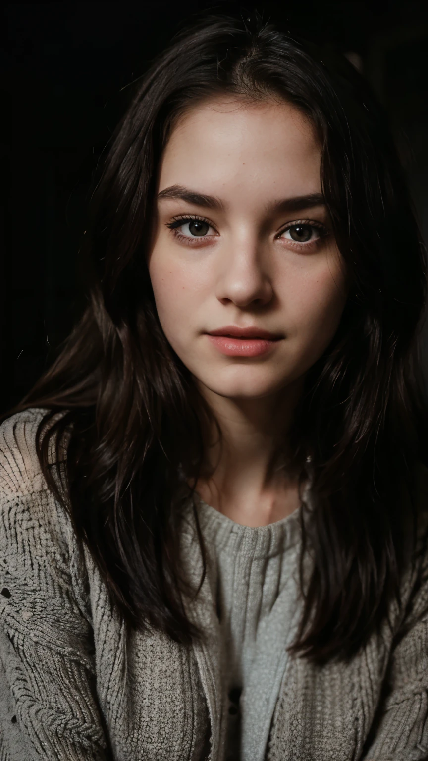 Photographic portrait, cute 18 year old woman, pale skin, highly detailed face, long black wavy hair, seducing facial expression, wearing a cozy sweater, year 1963, dark background, warm colors, RAW candid cinema, 16mm, color graded portrait. 400 film, remarkable color, ultra realistic, captured on a (Nikon D850) RAW photo, full sharp, 8k uhd, dslr, soft lighting, high quality, film grain, Fujifilm XT3