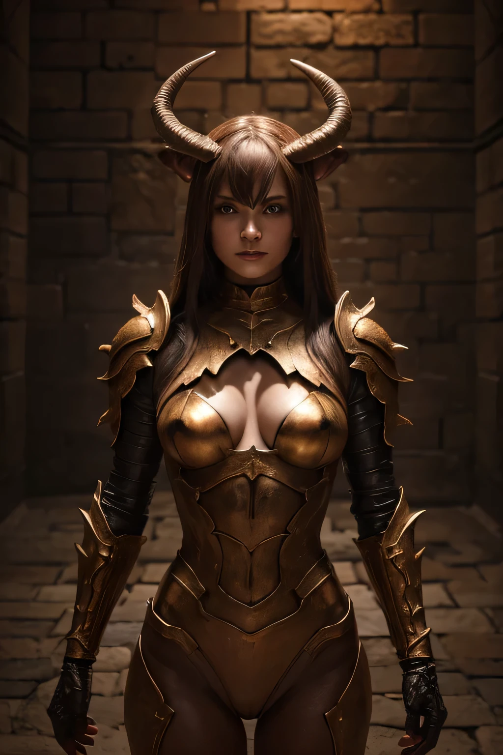 A female demon golem standing deep in the dungeon Made of bronze The head has horns, UHD, retina, masterpiece, accurate, anatomically correct, textured skin, super detail, high details, high quality, award winning, best quality, highres