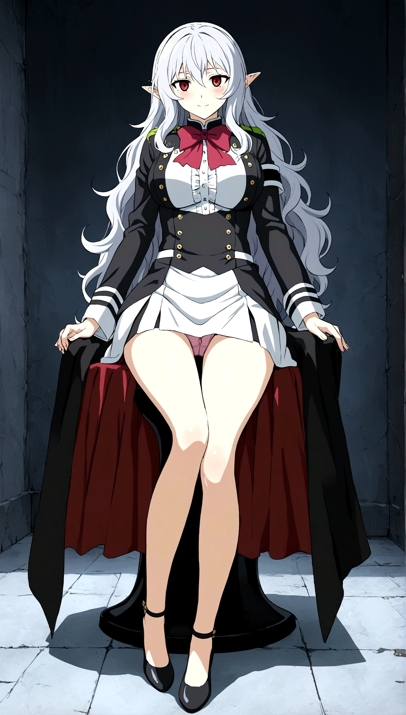 Anime. Owari no Seraph. 1 Girl. Dear . A vampire. Progenitor Clumsy. Silver hair. Wavy hair. Long hair. Red eyes. Beautiful eyes. Perfect eyes. Expressive eyes. Ideal face. Perfect body. Beautiful long ones. legs. Beautiful nose. 18 years. Big breasts. Sitting. Full length Beautiful character design. Shiny skin. Pointy ears. White dress. Vampire uniform dress from
Owari no Seraph. Black stockings. Heeled shoes. She's excited. She is sitting on the toilet. Spread legs. Hand on crotch. Fingers caress the clitoris through panties. Her panties were soaked with love juice. She masturbates. Castle on the Vampire Territory. Full body. NSWF. Official art. Extremely detailed CG Unity 8k wallpaper. Ideal lighting. Ultra high resolution 4K. Super detailed 8K. A high resolution.