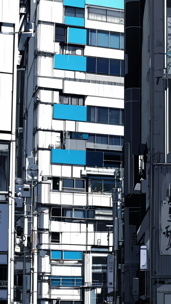 monochrome color, Blue Art, grayscales、masterpiece、top-quality、Top image quality、straight haired、Hanging eyes、kawaii、A darK-haired、blue eyes、the wind、Buildings,Tokyo