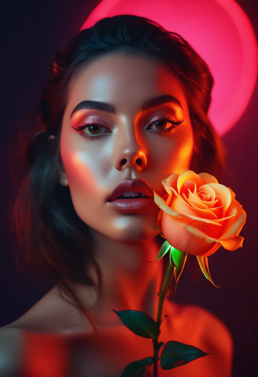 a woman with a neon rose on fire, flawless skin, whimsical photography style, photo captured by an Arriflex 35BL camera using Canon K25 prime lenses, cinematic, dramatic lighting, ultra clear, breathtaking surreal masterpiece. sensual pose