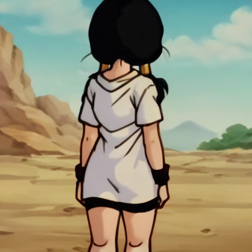 source_anime, score_9, score_8_up, score_7_up, anime screencap,
videl, low twintails, black hair, hair tubes, blue eyes, from behind, back view, facing camera, white shirt, black shorts, round butt, bubble ass
