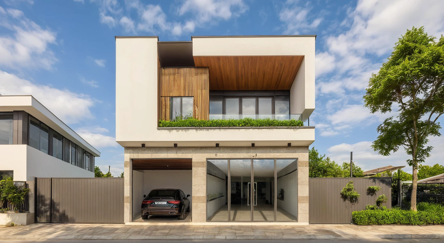 Masterpiece, high quality, best quality, authentic, super detail, outdoors, house style modern, bietthuhn, white wall, glass windows, gate road, pavement, grass, trees, Beautiful_sky, SUNSET, (day:1.1), realistic lighting