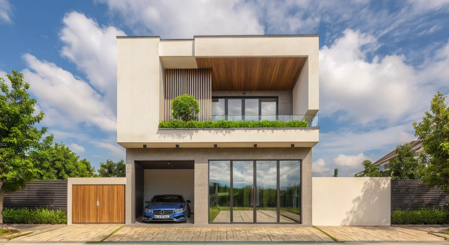 Masterpiece, high quality, best quality, authentic, super detail, outdoors, house style modern, bietthuhn, white wall, glass windows, gate road, pavement, grass, trees, Beautiful_sky, SUNSET, (day:1.1), realistic lighting