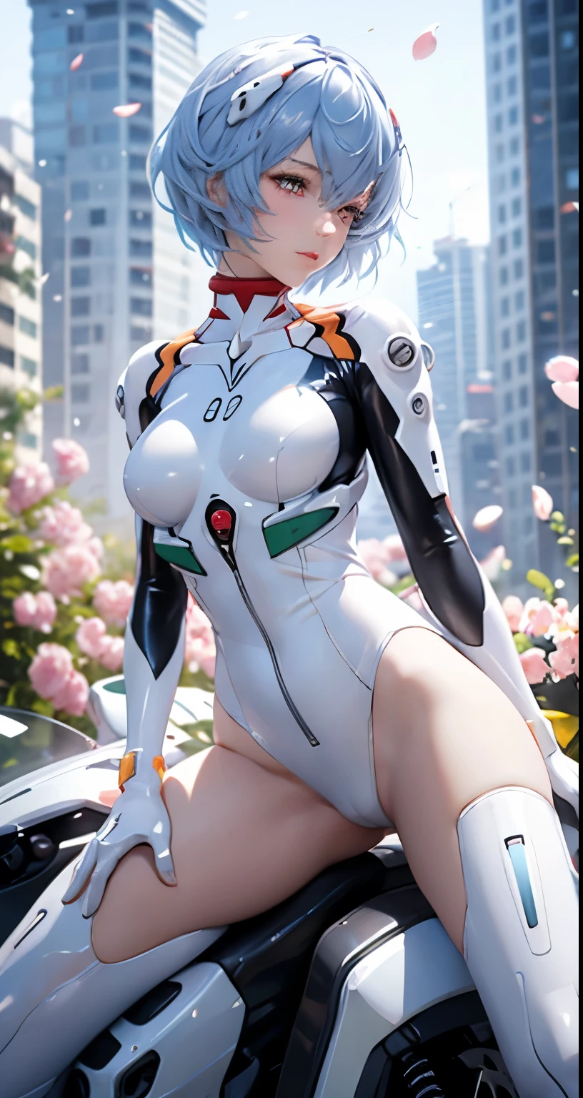 (Realistic, photoRealistic), ayanami, One Girl, Blue Short Hair, White hair ornament, (((underwear,)))), Sit on the ground, (Cowboy Shot),(Tabletop, high quality, 最high quality), (colorful),(Delicate eyes and face), Volumetric Light, Ray Tracing, Highly detailed CG Unity 8k wallpaper,alone((Fluttering petals)),Outdoor, ((cyber punk)), Cyber City, ((Neon Trim)),frontage,(Spread your legs)