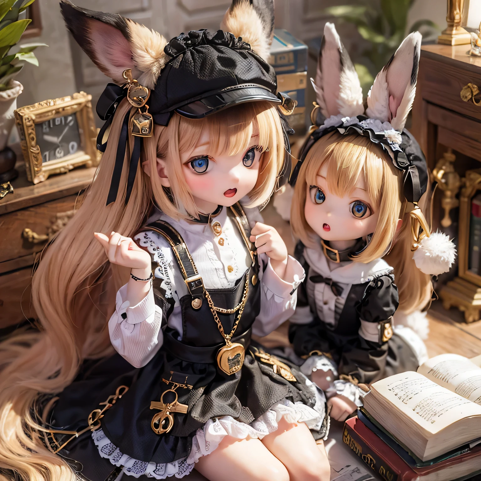 The rabbit girl is holding a big clock with Alice_Wonderland