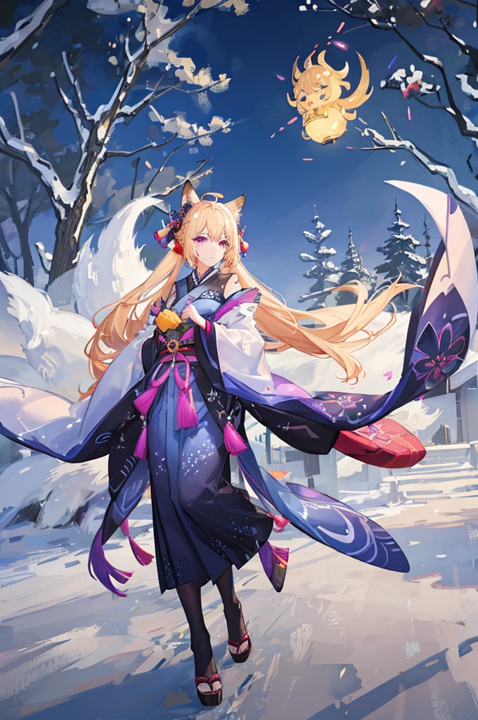 1girl, the hair will be blonde and tied in a long ponytail as in the image of the hair, the fox mask as in the image which is a mask with purple lines (the image comes from my overlay) that she holds her mask with her hand, the kimono will be a dark blue with fireworks designs if possible and I would like to know the price please and for the background I wish to have like the Festival of Lights a Japanese style if it's possible