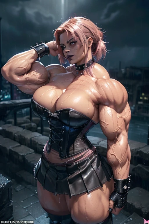 (((((Massive, beautiful, buff, wet, light brown skinned muscular woman with shocking pink hair, black lipstick, ginormous bulky muscles, standing menacing and wearing a black gothic corset with a long leather tiered skirt))))), (close view), massive muscles, hyper muscles, angled bob cut, ((black gothic corset)), (long leather tiered skirt), red eyes, choker, (spiked gauntlets), black boots, (in a rainstorm Darkened city), ((Dark and moody universe:1.3)), evil smile, night, massive arms