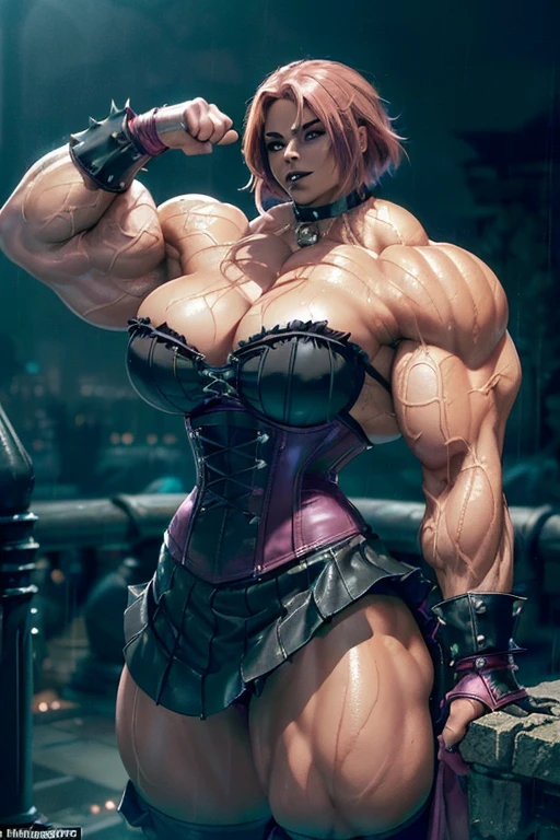 (((((Massive, beautiful, buff, wet, light brown skinned muscular woman with shocking pink hair, black lipstick, ginormous bulky muscles, standing menacing and wearing a black gothic corset with a long leather tiered skirt))))), (close view), massive muscles, hyper muscles, angled bob cut, ((black gothic corset)), (long leather tiered skirt), red eyes, choker, (spiked gauntlets), black boots, (in a rainstorm Darkened city), ((Dark and moody universe:1.3)), evil smile, night, massive arms