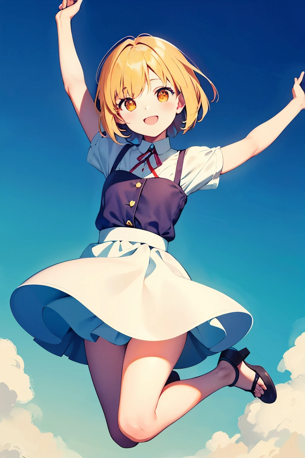 Chibi style girl with short bob haircut, orange eyes, soaring high with joy, beaming smile, arms outstretched, kawaii, radiant atmosphere, soft pastel hues, pure white backdrop, meticulous illustration, --ar 3:4, --s2
Her tiny yet vibrant figure bounces high into the air, her short bob haircut bobbing lightly, her orange eyes sparkling with joy. Her arms are raised in delight, hands forming a heart shape against the sky. Surrounding her is a cheerful aura, soft pastel colors painting a picturesque scene. The background is a clean, pristine white, providing a stark contrast