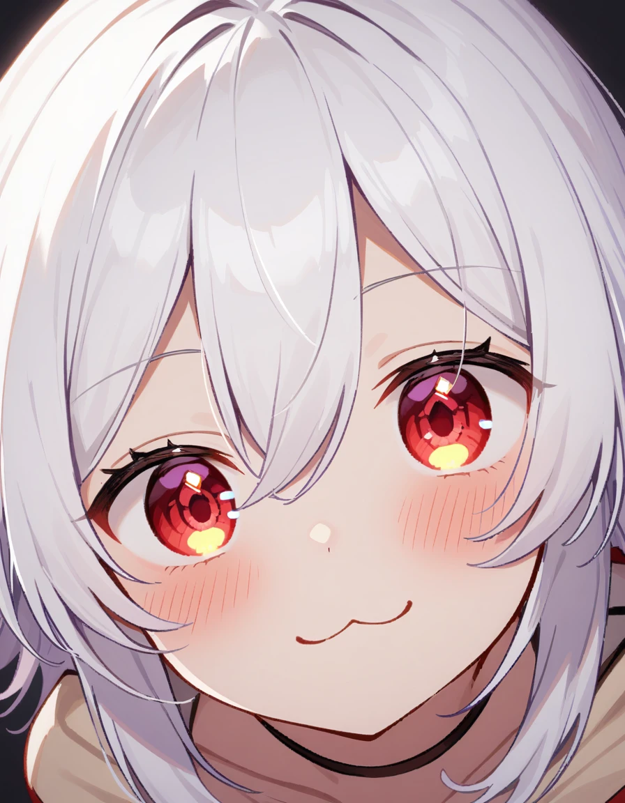 (silber hair:1.5),(midium hair:1.0),(red eyes:1.3),(A man's room living alone:1.45,(Eye size:1.5),(close up of face:1.0),(SM Play:1.4),(look up as if clinging to:1.0),(red blush:1.4),(Perspective from above:1.4)ultra detailed, sharp focus, best quality, masterpiece, colorful, 1girl, shadow, red glowing eyes, grin, cat face, :3, close-up, volumetric lighting, high contrast, dimly lit, White hair, thin dress.