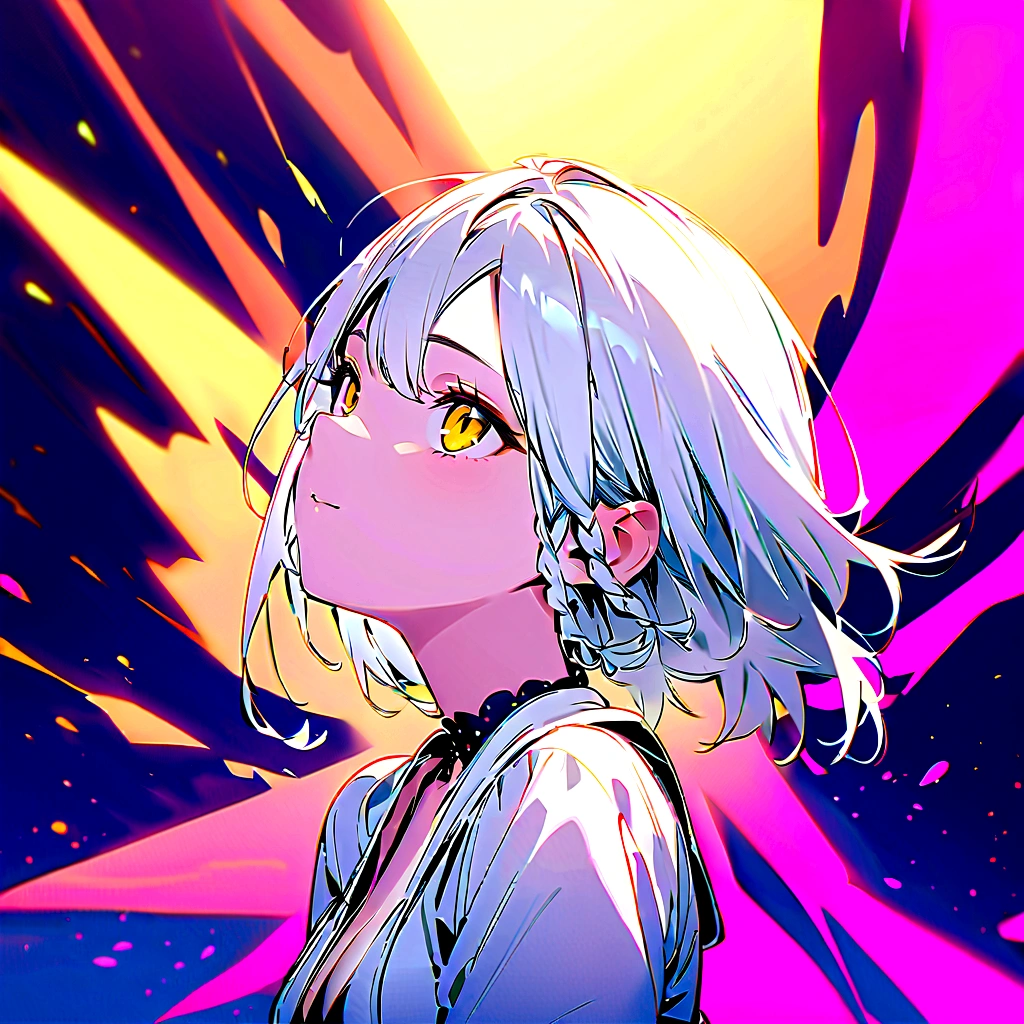 best quality, masterpiece,white hair, gold eyes,white clothes, looking up, upper body,hair strand,Fair skin,side braids