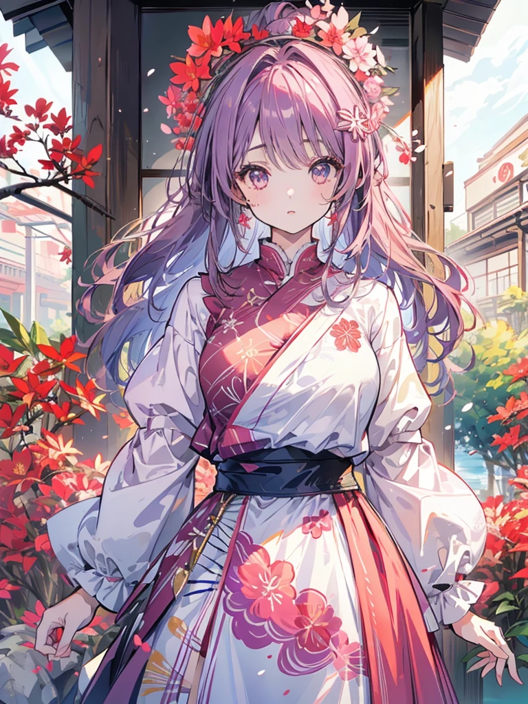 high resolution, work of art,we are sakura,Destiny, cabelo roxo, standing alone, 1 girl,out,detailed back ground, detailedeyes,