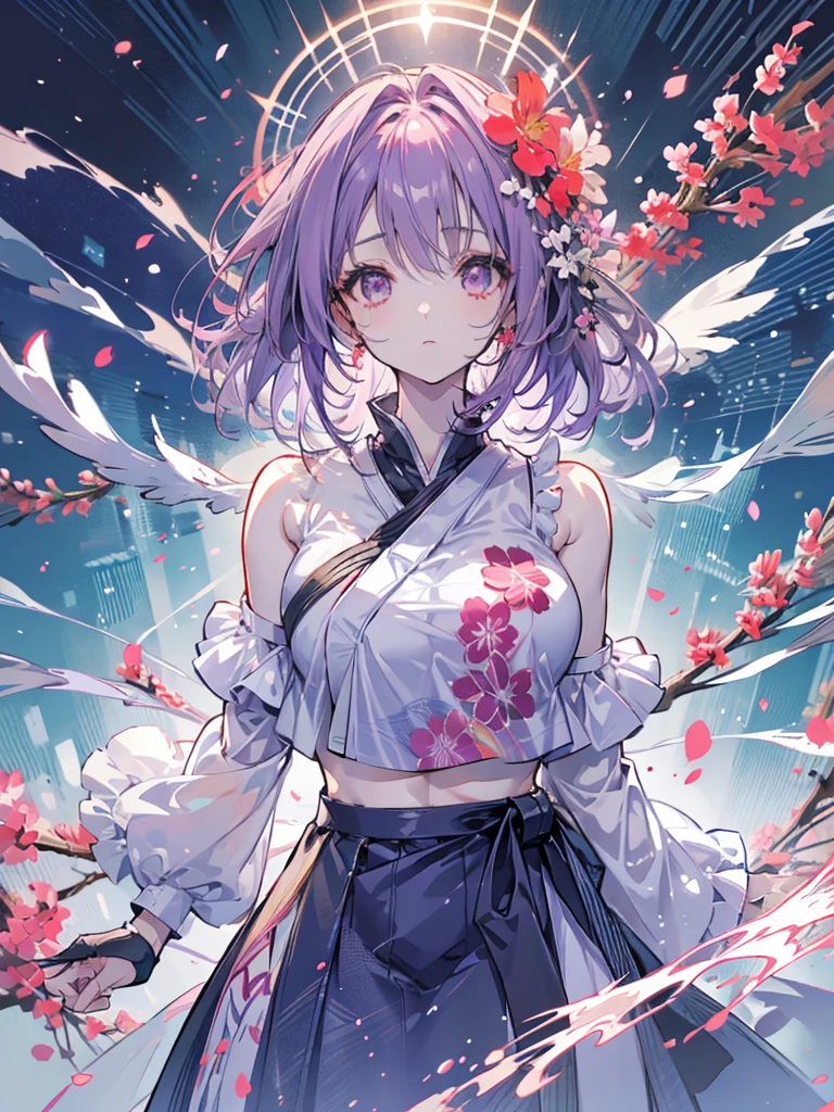 high resolution, work of art,we are sakura,Destiny, cabelo roxo, standing alone, 1 girl,out,detailed back ground, detailedeyes,