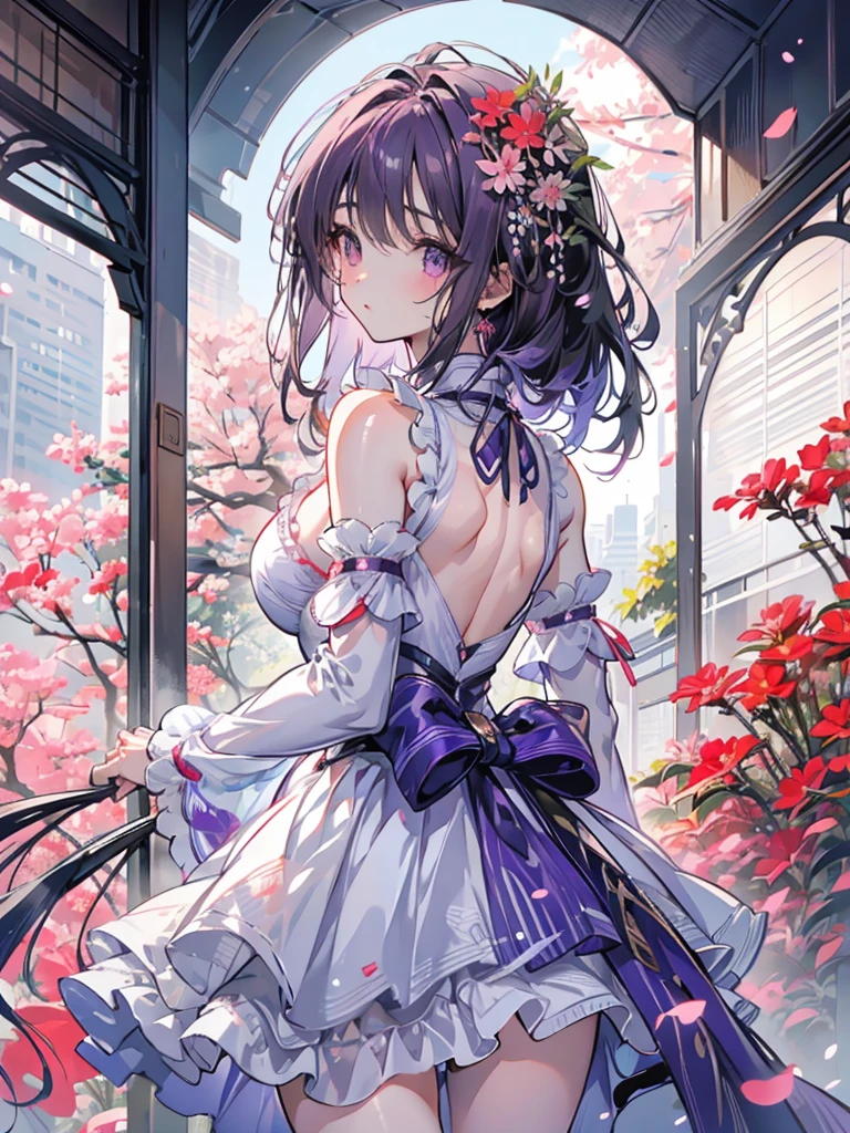 high resolution, work of art,we are sakura,Destiny, cabelo roxo, standing alone, 1 girl,out,detailed back ground, detailedeyes,