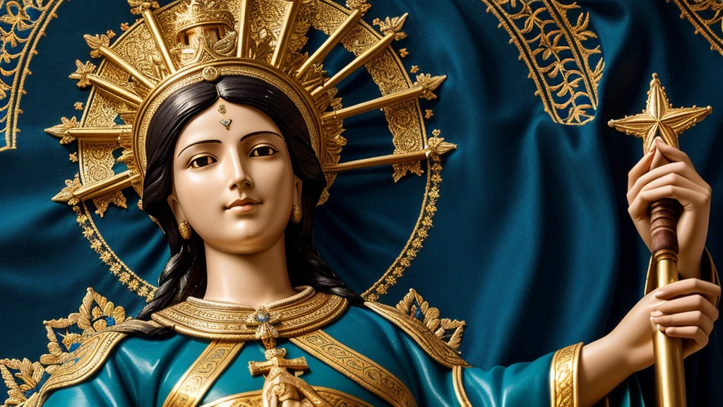 "Create an image of Our Lady of Aparecida, patron saint of Brazil, in a realistic style, with a serene and welcoming expression. She should be dressed in a blue and gold mantle, decorated with stars and detailed embroidery. The image should have a golden crown on her head, with delicate, sparkling details. The background should be a heavenly scene, with soft clouds and radiant light emanating from Our Lady. The resolution should be cinematic and 4K, with vibrant colours and an impressive touch of realism."