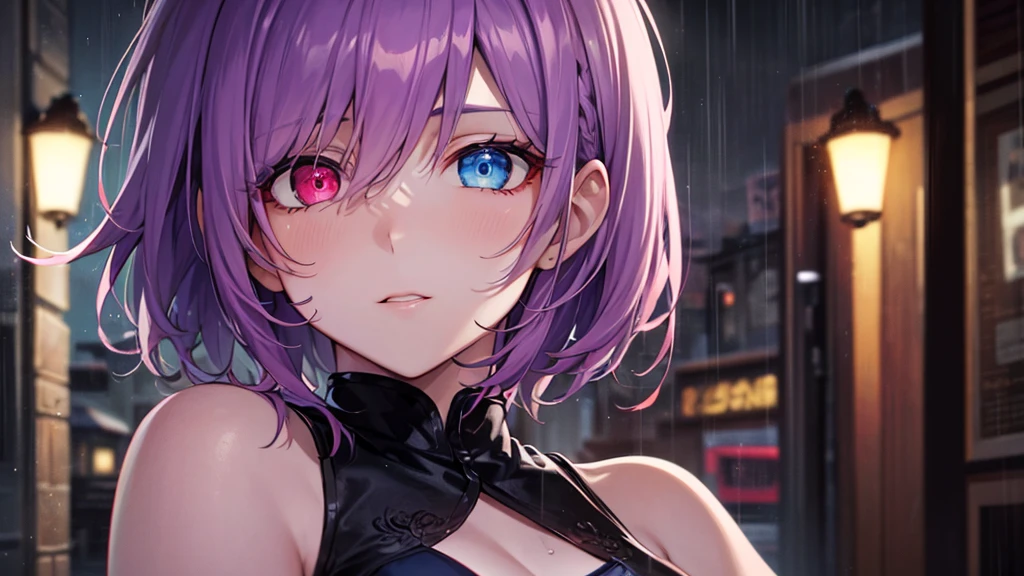 Highest quality, 8K, 4K, High resolution, (Beautifully detailed face), High Contrast,1girl,only,short hair,purple hair,heterochromia(red eyes,blue eyes), beautiful eyes, Slanted Eyes, Moderately sized breasts, A quiet town late at night, Night Rain, Neon Light