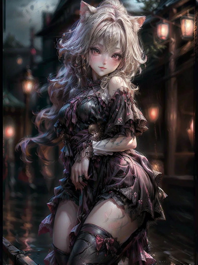 (8K, Highest quality, masterpiece:1.2), (Realistic, photo-Realistic:1.37), Super detailed, (1girl:1.6),cute,Beautifully detailed skies,(Outdoor:1.4),night,Are standing,Date,(Red nose),(A light smile:1.15),(Mouth closed:1.2), Large Breasts,Beautiful attention to detail, Wet,rain,White lace, (short hair:1.2),Floating Hair NovaFrogStyle, View your viewers, whole body, Mix 4, Dressed as a goth girl, Black Lips, Blonde, Pale skin, Cat ears, Cat_girl