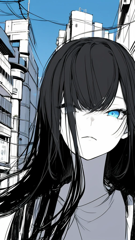 monochrome color, Blue Art, grayscales、​masterpiece、top-quality、Top image quality、straight haired、Hanging eyes、kawaii、A darK-haired、blue eyes、the wind、Buildings,Tokyo