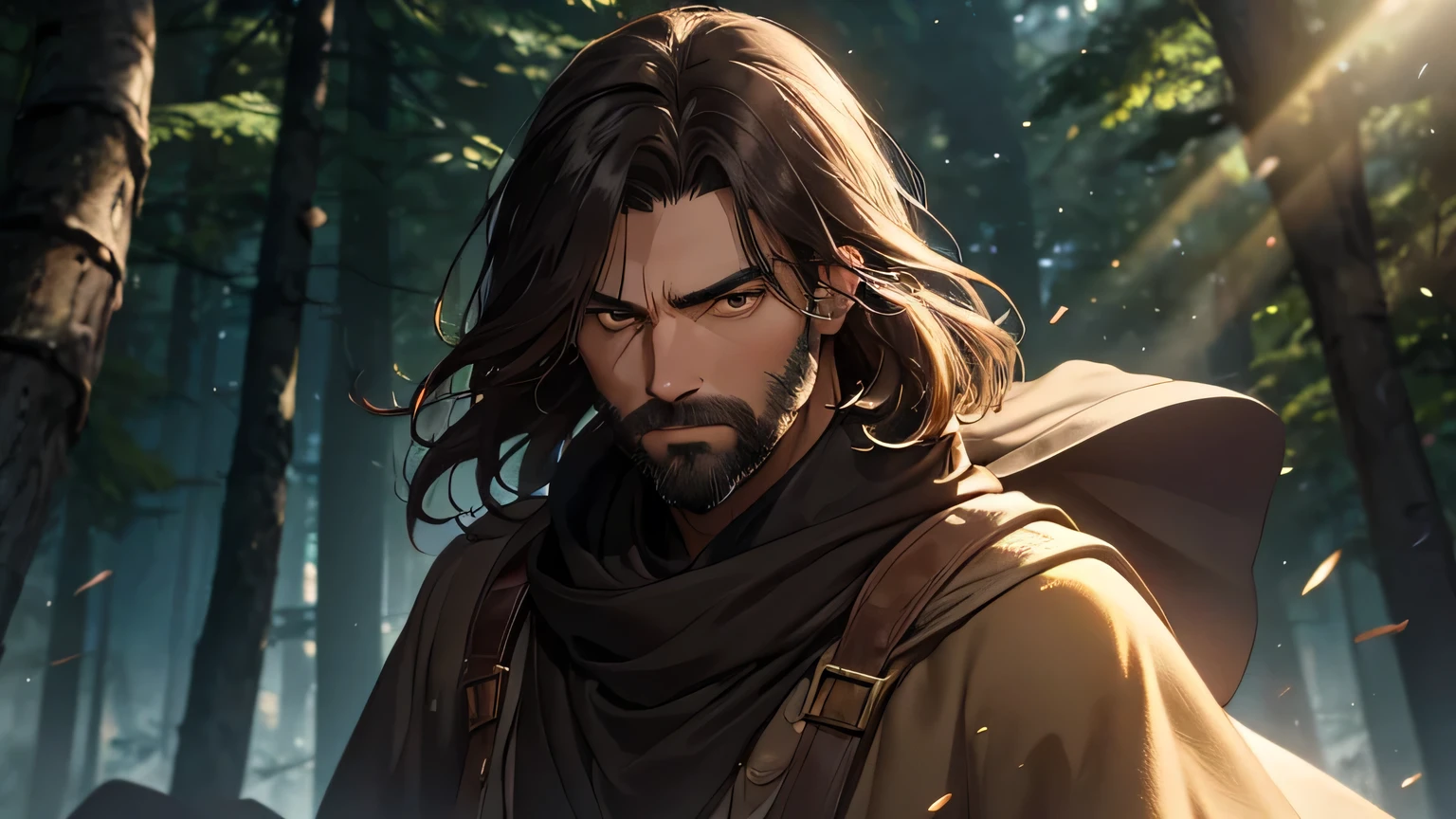 Worried-faced man with dark brown beard, long dark brown hair, light yellow-brown eyes and dark brown and light brown tunic from the 4th century BC. C., with a light brown cloak, about 50 years old, throwing dark brown rock with his hand, in a dark and mysterious forest at night, movement scene in the forest, changing lighting, hyperrealistic, cinematic lighting,