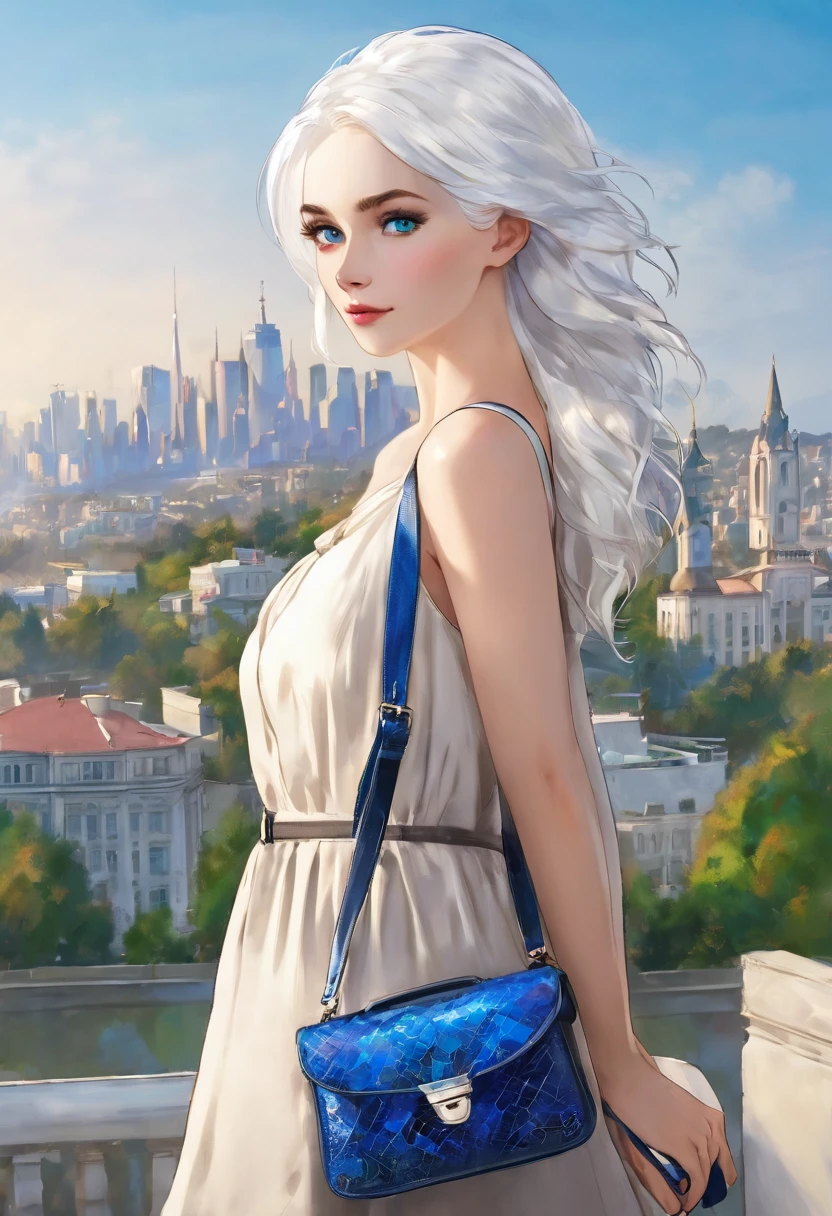 Girl with white hair and blue eyes wearing casual dress with purse in hand standing elegantly ((exposed shoulder)),((mature girl)),((masterpiece)),((high quality)), city in background