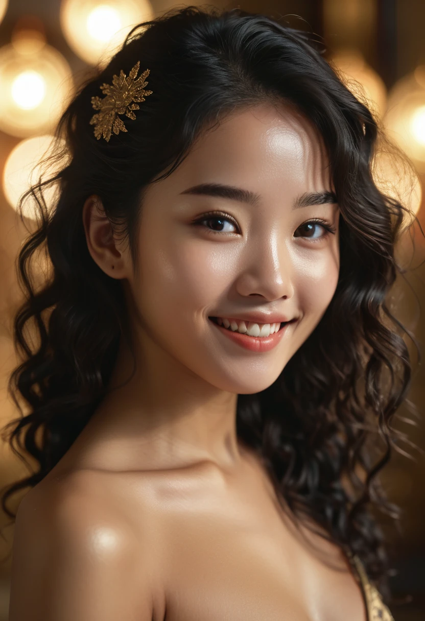 highly detailed, 8k, masterpiece, 1girl, black_curly_hair, nude, smile, (perfect_face), bound, close-up, bdsm, on_back, ornate, intricate, dramatic lighting, 4k, detailed_background, caustics, full_body,  ((in the style of metart))  half-asian, mixed asian-european, bronze skin ((film grain, soft lens))