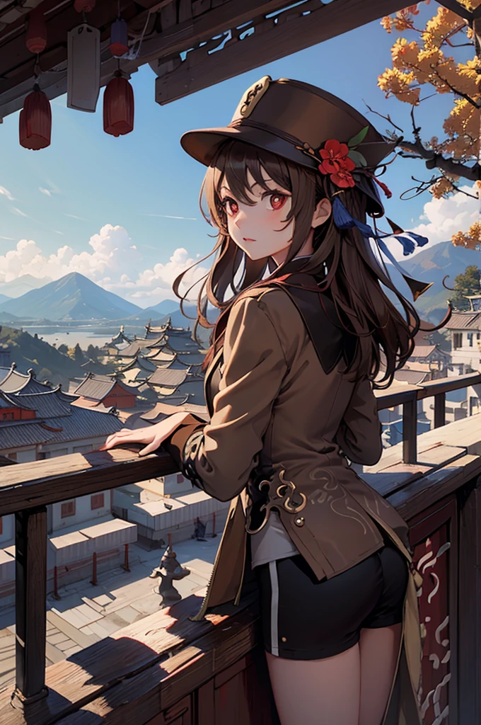 1 girl solo, brown jacket, long brown hair, red eyes, brown hat with red flowers, in a small medieval chinese town, old chinese buildings, mountains far on background, chinese temple