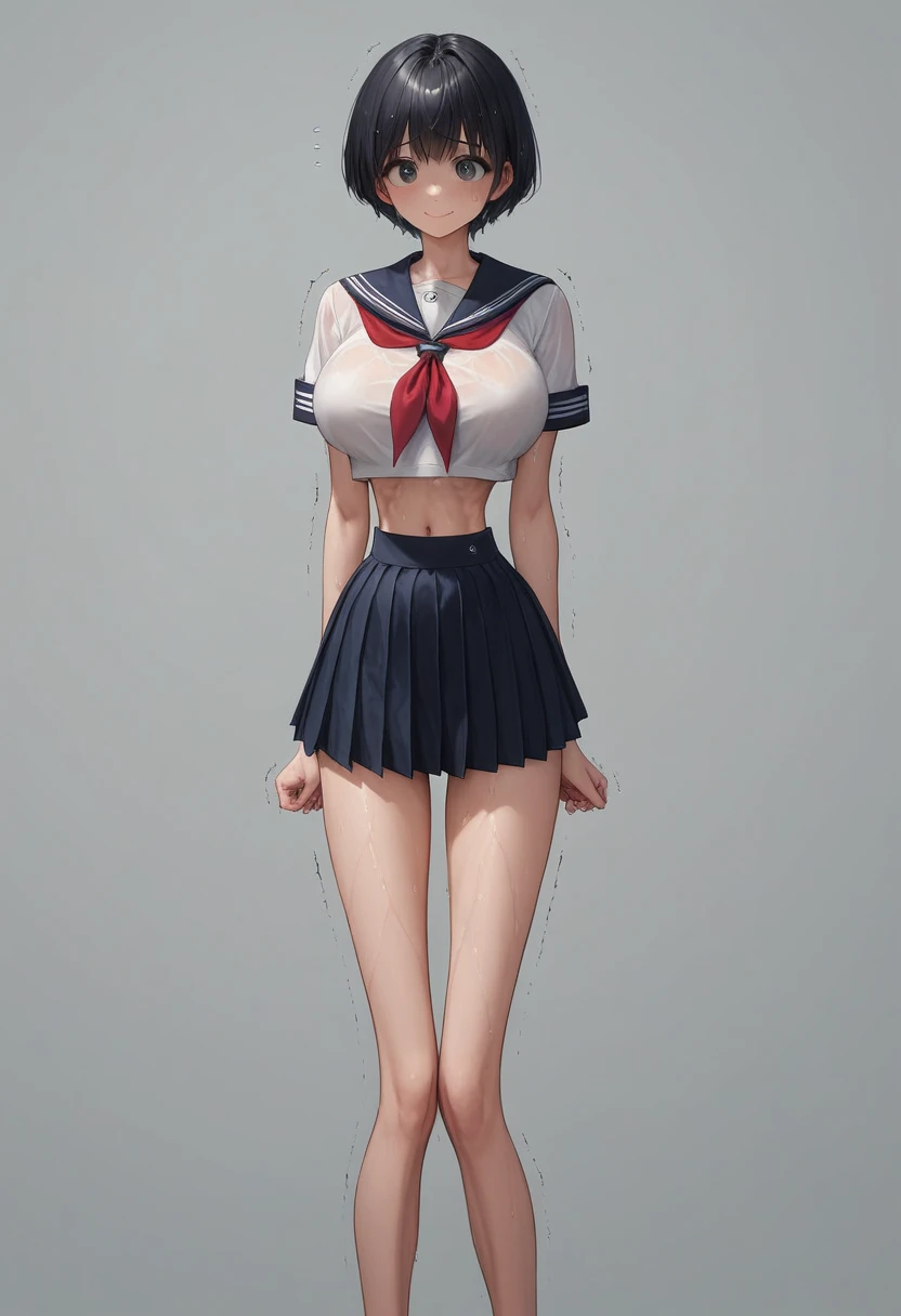 (masterpiece, best quality:1.2), front shot, beautiful thin 1girl, (super big breasts, micro waist, very long legs:1.5), Black hair, short bob hair, (Extremely skinny), short height, Light Skin, cute big eyes, cute beautiful thin face, forced smile, serafuku, mini skirt, Arched back, pigeon-toed, Embarrassing pose, Long and thin navel, (beautiful visible ribs), wet and sweaty, Trembling