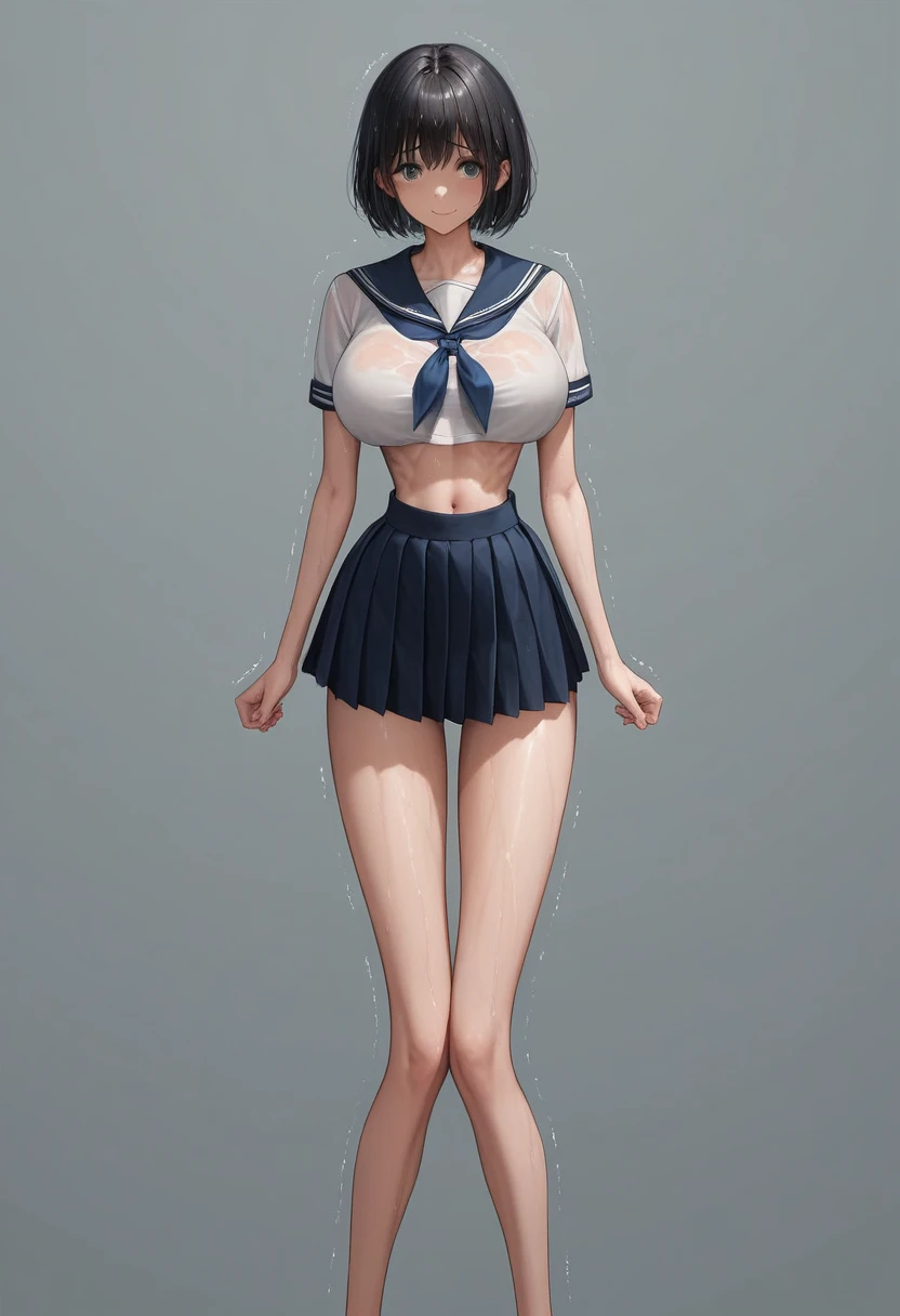 (masterpiece, best quality:1.2), front shot, beautiful thin 1girl, (super big breasts, micro waist, very long legs:1.5), Black hair, short bob hair, (Extremely skinny), short height, Light Skin, cute big eyes, cute beautiful thin face, forced smile, serafuku, mini skirt, Arched back, pigeon-toed, Embarrassing pose, Long and thin navel, (beautiful visible ribs), wet and sweaty, Trembling