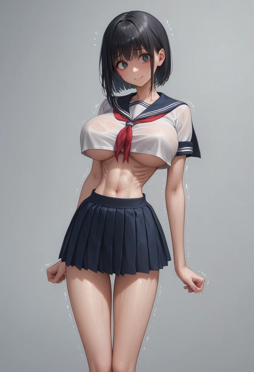 (masterpiece, best quality:1.2), front shot, beautiful thin 1girl, (super big breasts, micro waist, very long legs:1.5), Black hair, short bob hair, (Extremely skinny), short height, Light Skin, cute big eyes, cute beautiful thin face, forced smile, serafuku, mini skirt, Arched back, pigeon-toed, Embarrassing pose, Long and thin navel, (beautiful visible ribs), wet and sweaty, Trembling