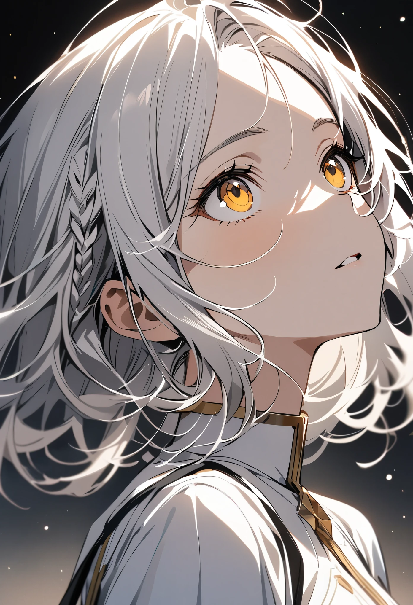 best quality, masterpiece,white hair, gold eyes,white clothes, looking up, upper body,hair strand,Fair skin,side braids