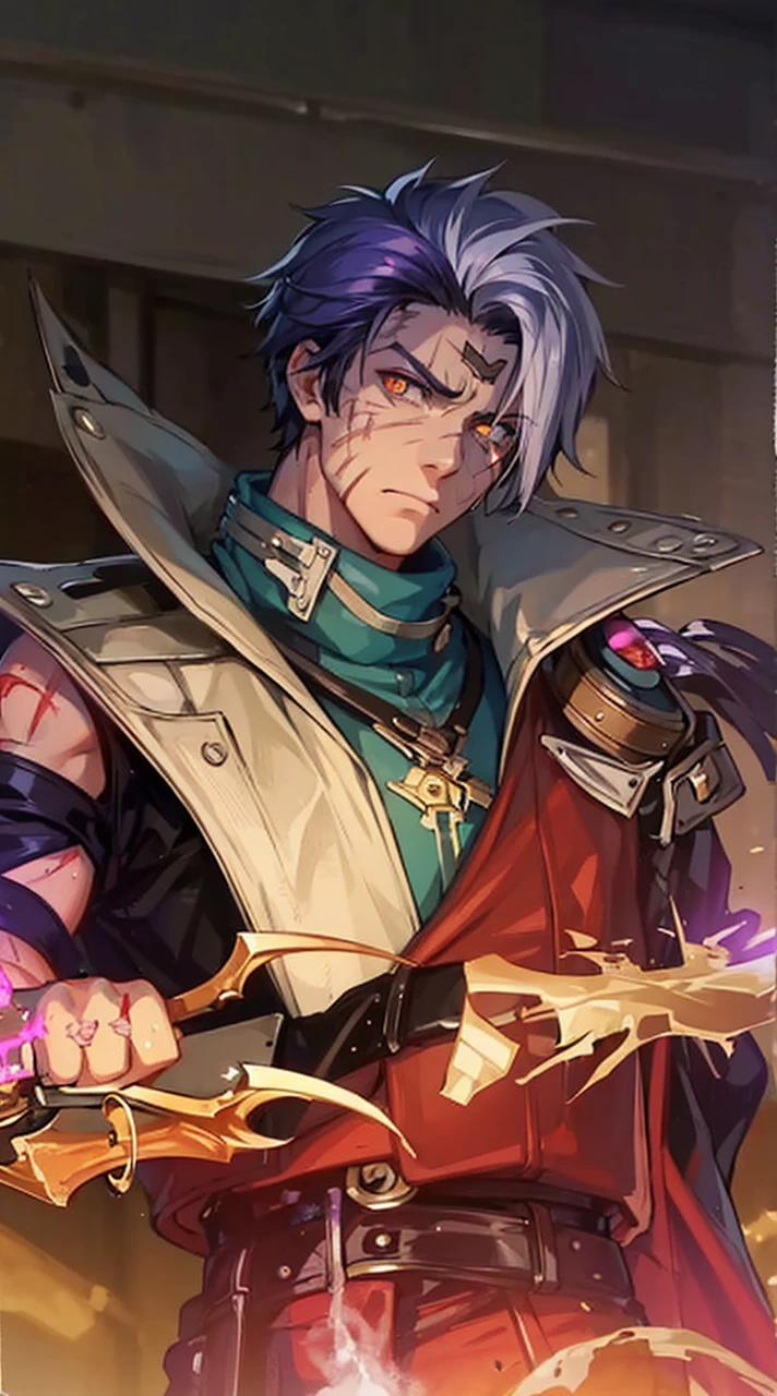 boy, strong, fighter, black hair, shades, technician, mechanic, band-aid on face, cut scars on face, leather jacket, blowtorch sparks, dusty clothes, stoic expression, neutral expression, workshop background, bright orange eyes