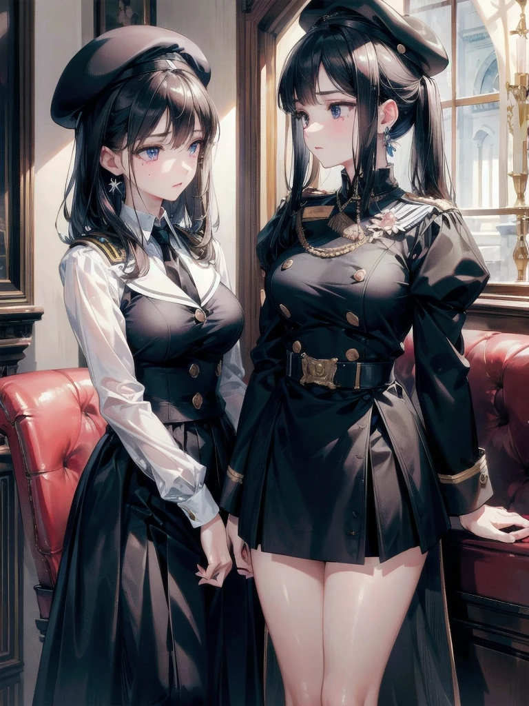 absurdres, RAW photo, extremely delicate and beautiful, masterpiece, Best Quality, ultra high resolution, 32k, hyperrealistic, ultra-detailed, delicate facial features, beautiful detailed woman, tearful mole, earring, medium breasts, full body shot, medium hair, black hair, 2 girls, yuri, beret, skirt, military uniform,