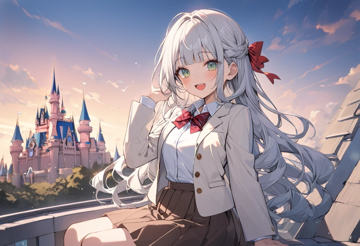 ((Masterpiece)), ((best quality)), (ultra-detailed), ((kawaii)), ((extremely detailed)), 4K, (8K), (super detail:1.2),(High Definition:1.3), (Professional Photography:1.2), (very aesthetic:1.2), (absurdres:1.2), (wide shot), cinematic lighting, (sharp focus), (perfect light), ((1girl)), ((12 years old)), (medium breast), (Healthy slim body), 8K, Textured skin, cinematic lighting, (1girl), short stature, ((cute teenage young girl)), (loose blunt bangs), slightly loose curls hair, (breasts length hair), pale silver hair, ((:d)), (cute green eyes), drooping eyes, slender waist, ((pale Ivory blazer of school uniform)), BREAK, ((best quality)), (very aesthetic:1.2), (absurdres:1.2), (super detail:1.2), (white blouse), put on red string ribbon, (brown skirt), ((perfect hand)), (Relaxed sitting on the rooftop), (the Disney Resort), Cinderella Castle spreading out below, Beautiful Horizon Background,