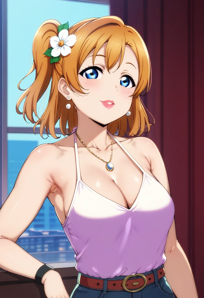 Honoka kousaka love live, blue eyes,alp artstyle, orange hair,hair flower, solo, Fashion ,bare shoulders, perfect  eyes, Perfect iris，Perfect skin，Soft front light，Casual，indoors；（pastel colour：1.2）, halter neck,thin straps , lipstick 