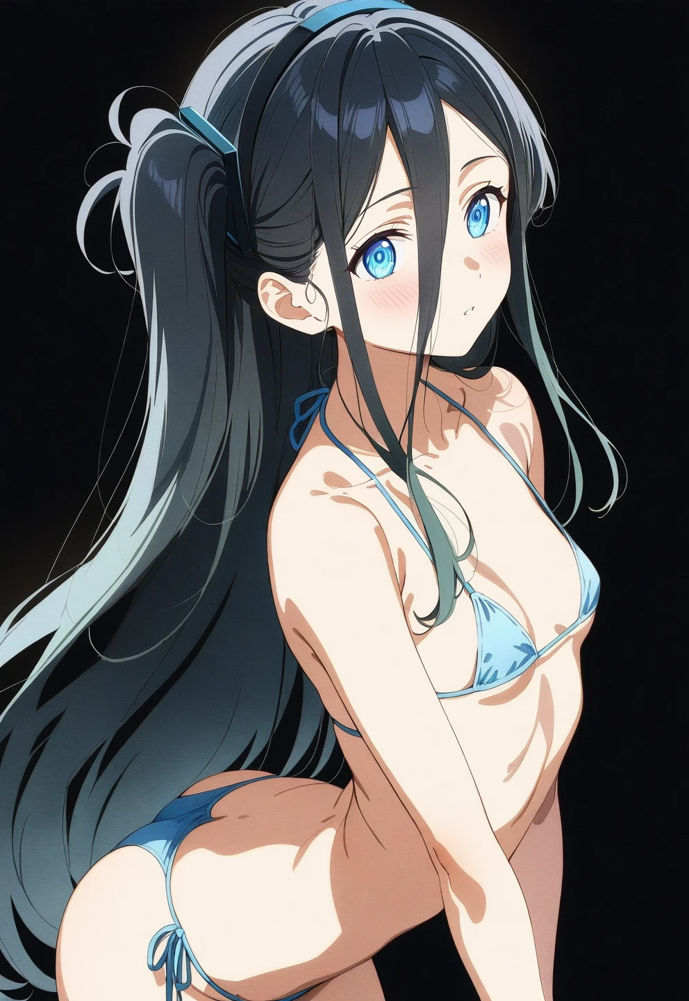 best quality, amazing quality, very aesthetic, absurdres, (1girl, aris, blue archive, solo, blue eyes), (realistic face:0.9),(string bikini:1.8), ( blush, thigh:1.3), (cowboy shot), (glowing eyes), (half closed eyes:0.9), (ass), (official art:1.3), (pool), expressive eyes, perfect face, extremely detailed eyes, perfect anatomy, smooth skin, (black background:1.5), clear eyes, beautiful face, small breasts, (anime style:1.7), (Warm Light:1.5), (highres:2), (Chiaroscuro), watercolor
