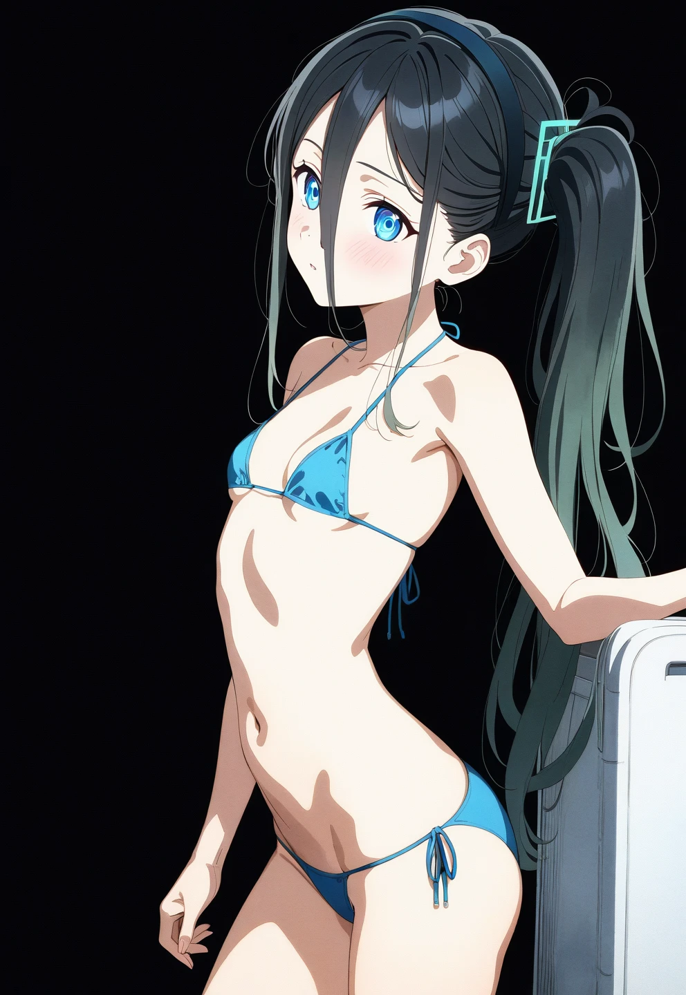 best quality, amazing quality, very aesthetic, absurdres, (1girl, aris, blue archive, solo, blue eyes), (realistic face:0.9),(string bikini:1.8), ( blush, thigh:1.3), (cowboy shot), (glowing eyes), (half closed eyes:0.9), (ass), (official art:1.3), (pool), expressive eyes, perfect face, extremely detailed eyes, perfect anatomy, smooth skin, (black background:1.5), clear eyes, beautiful face, small breasts, (anime style:1.7), (Warm Light:1.5), (highres:2), (Chiaroscuro), watercolor