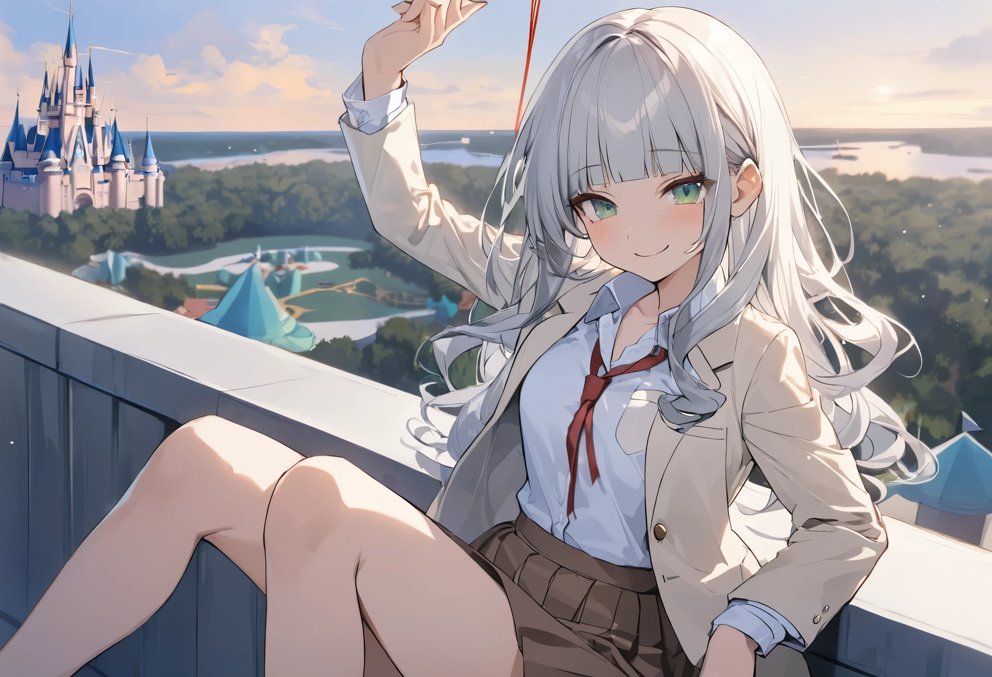((Masterpiece)), ((best quality)), (ultra-detailed), ((kawaii)), ((extremely detailed)), 4K, (8K), (super detail:1.2),(High Definition:1.3), (Professional Photography:1.2), (very aesthetic:1.2), (absurdres:1.2), (wide shot), cinematic lighting, (sharp focus), (perfect light), ((1girl)), ((12 years old)), (medium breast), (Healthy slim body), 8K, Textured skin, cinematic lighting, (1girl), short stature, ((cute teenage young girl)), (loose blunt bangs), slightly loose curls hair, (breasts length hair), pale silver hair, ((naughty smile)), (cute green eyes), drooping eyes, slender waist, ((pale Ivory blazer of school uniform)), BREAK, ((best quality)), (very aesthetic:1.2), (absurdres:1.2), (super detail:1.2), (white blouse), put on red string ribbon, (brown skirt),arm up, ((perfect hand)), (Relaxed sitting on the rooftop), (the Disney Resort), Cinderella Castle spreading out below, Beautiful Horizon Background,