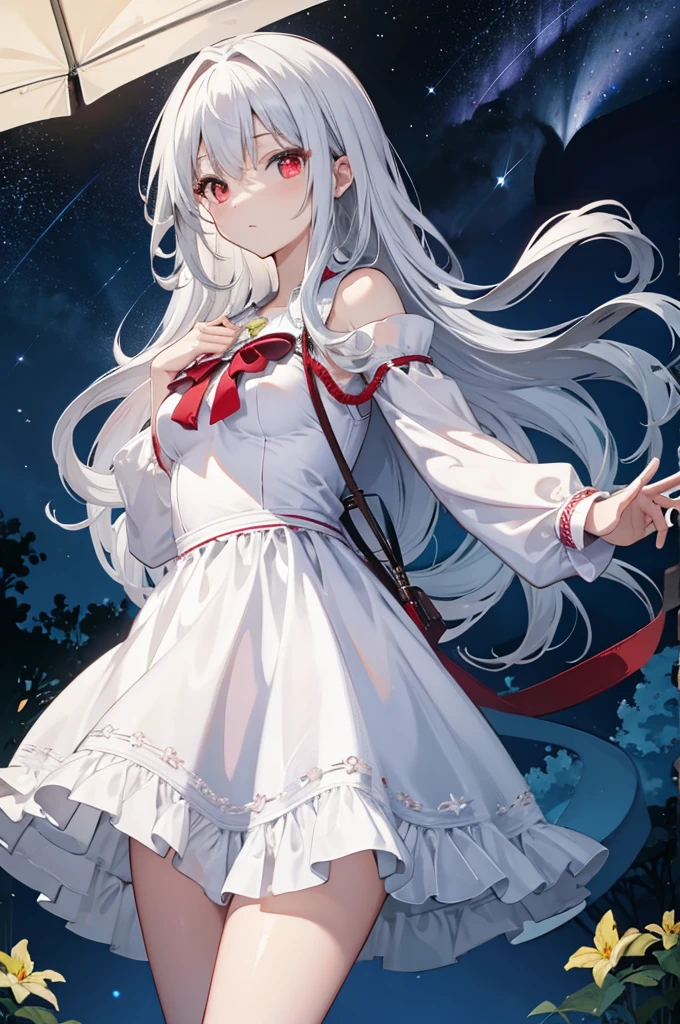 (masterpiece:1.3), (best quality:1.1), (8k, ultra detailed, ultra high res:1.3), anime style, perfect 5 fingers, perfect anatomy, 
1girl, small breasts, long hair, wavy hair, white hair, BREAK red eyes, (dress, white dress:1.2), looking at viewer, shoot from front, 
BREAK cowboy shot, BREAK outdoor, aurora, at night, Starry Night Sky with Shooting Stars, 