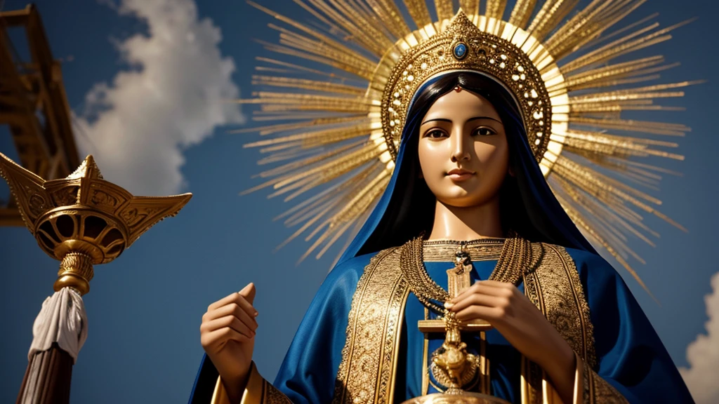 "Create an image of Our Lady of Aparecida, patron saint of Brazil, in a realistic style, with a serene and welcoming expression. She should be dressed in a blue and gold mantle, decorated with stars and detailed embroidery. The image should have a golden crown on her head, with delicate, sparkling details. The background should be a heavenly scene, with soft clouds and radiant light emanating from Our Lady. The resolution should be cinematic and 4K, with vibrant colours and an impressive touch of realism."