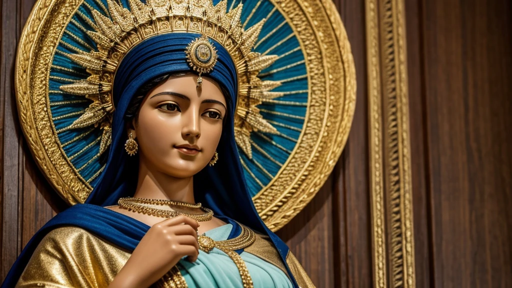 "Create an image of Our Lady of Aparecida, patron saint of Brazil, in a realistic style, with a serene and welcoming expression. She should be dressed in a blue and gold mantle, decorated with stars and detailed embroidery. The image should have a golden crown on her head, with delicate, sparkling details. The background should be a heavenly scene, with soft clouds and radiant light emanating from Our Lady. The resolution should be cinematic and 4K, with vibrant colours and an impressive touch of realism."