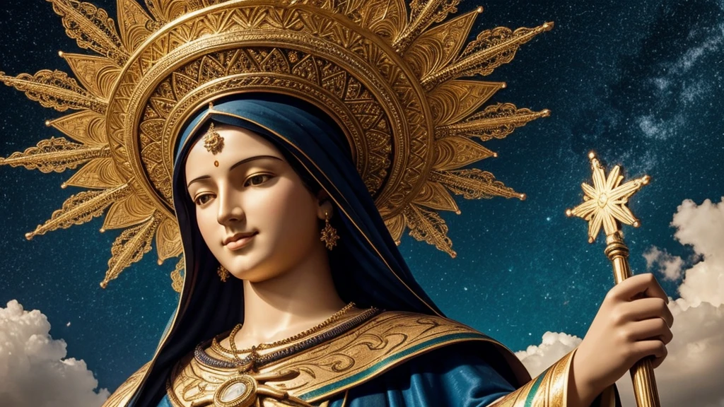 "Create an image of Our Lady of Aparecida, patron saint of Brazil, in a realistic style, with a serene and welcoming expression. She should be dressed in a blue and gold mantle, decorated with stars and detailed embroidery. The image should have a golden crown on her head, with delicate, sparkling details. The background should be a heavenly scene, with soft clouds and radiant light emanating from Our Lady. The resolution should be cinematic and 4K, with vibrant colours and an impressive touch of realism."