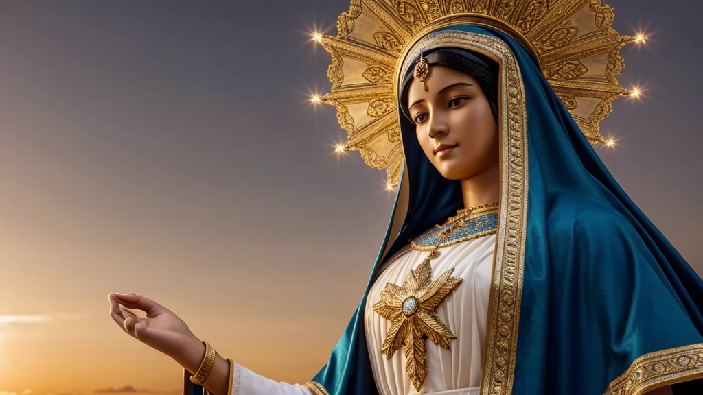 "Create an image of Our Lady of Aparecida, patron saint of Brazil, in a realistic style, with a serene and welcoming expression. She should be dressed in a blue and gold mantle, decorated with stars and detailed embroidery. The image should have a golden crown on her head, with delicate, sparkling details. The background should be a heavenly scene, with soft clouds and radiant light emanating from Our Lady. The resolution should be cinematic and 4K, with vibrant colours and an impressive touch of realism."