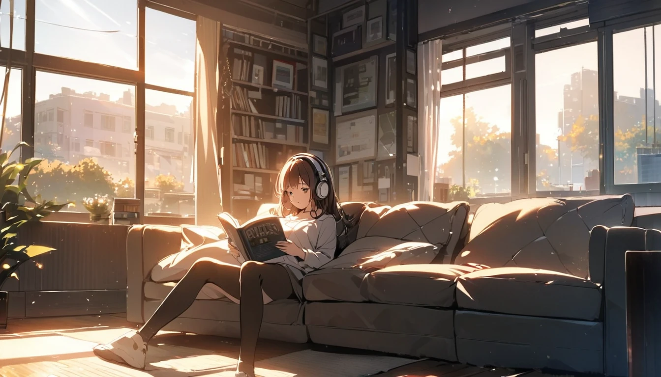 Girl sitting on sofa reading a book,In front of a large window,Morning sunlight,Streetscape、listen to music、is seperated