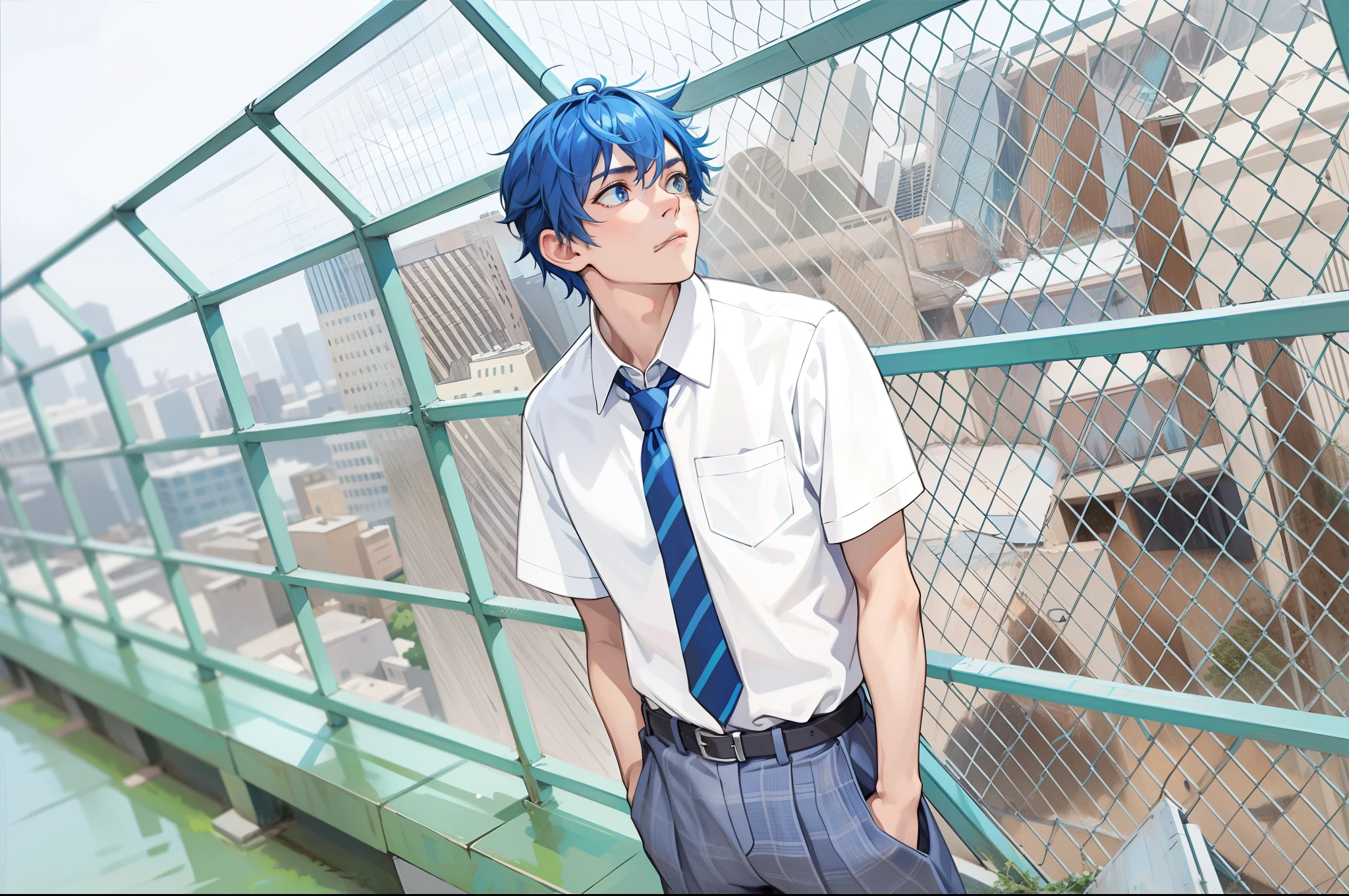 He is looking at the city, thoughtful, curious, somewhat sad, he has blue hair, he is at the top of his school, he has blue hair, blue eyes.
