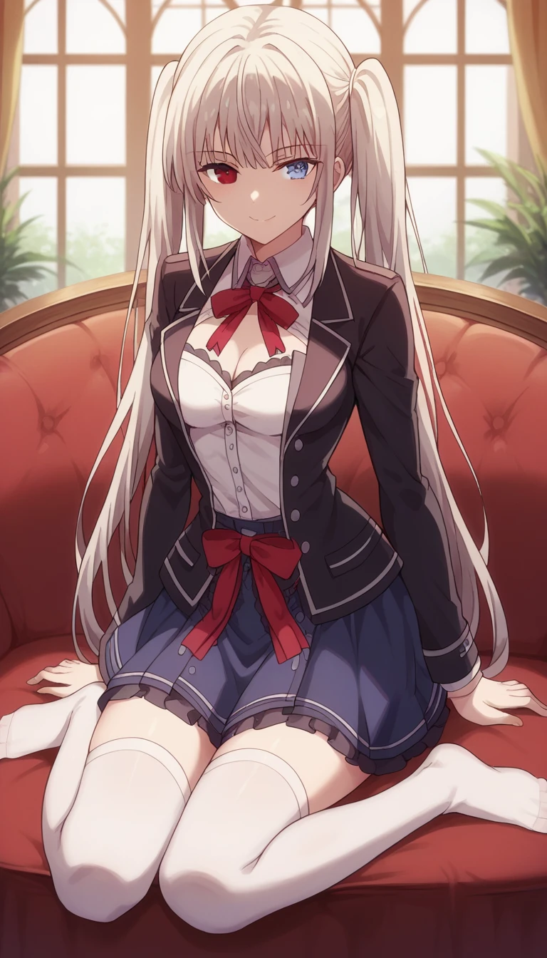 1girl, solo, full length, long hair, ponytails, medium breasts, looking at viewer, legs, hand, bangs, smile, heterochromia, red eyes, blue eyes, , sitting, arrogant smile, legs, stockings, cleavage, indoors, black blazer, white shirt, shirt under jacket, blue skirt, red ribbon, white stockings, best quality, detailed, 